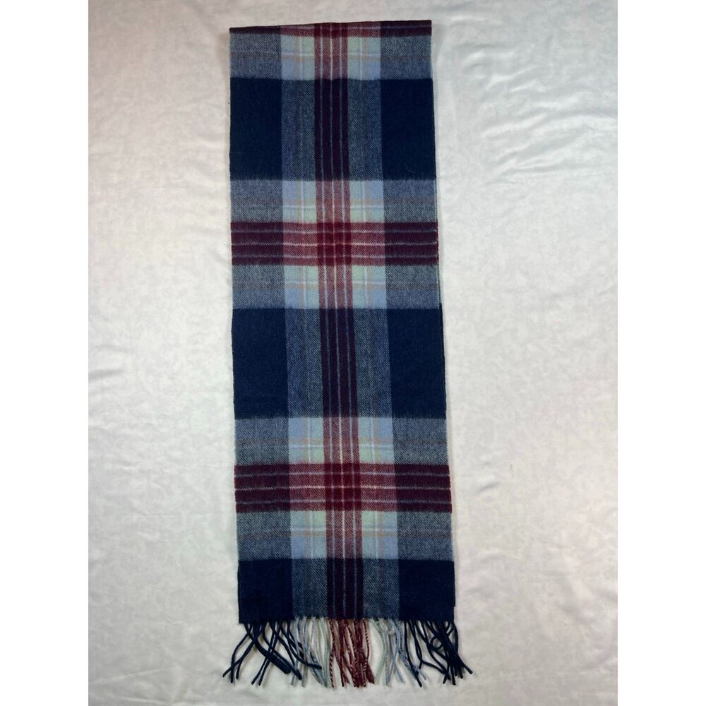 Ballantrae Edinburgh 100% Lambswool Scarf Plaid Blue Burgundy Scotland Fringe